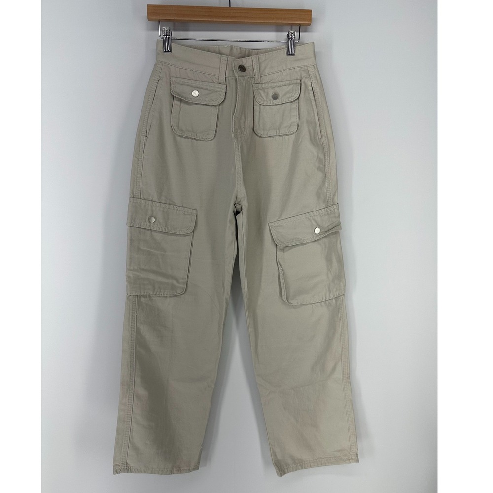 Women's Beige Utility Cargo Pants Size M 100% Cotton High Rise Casual Streetwear
